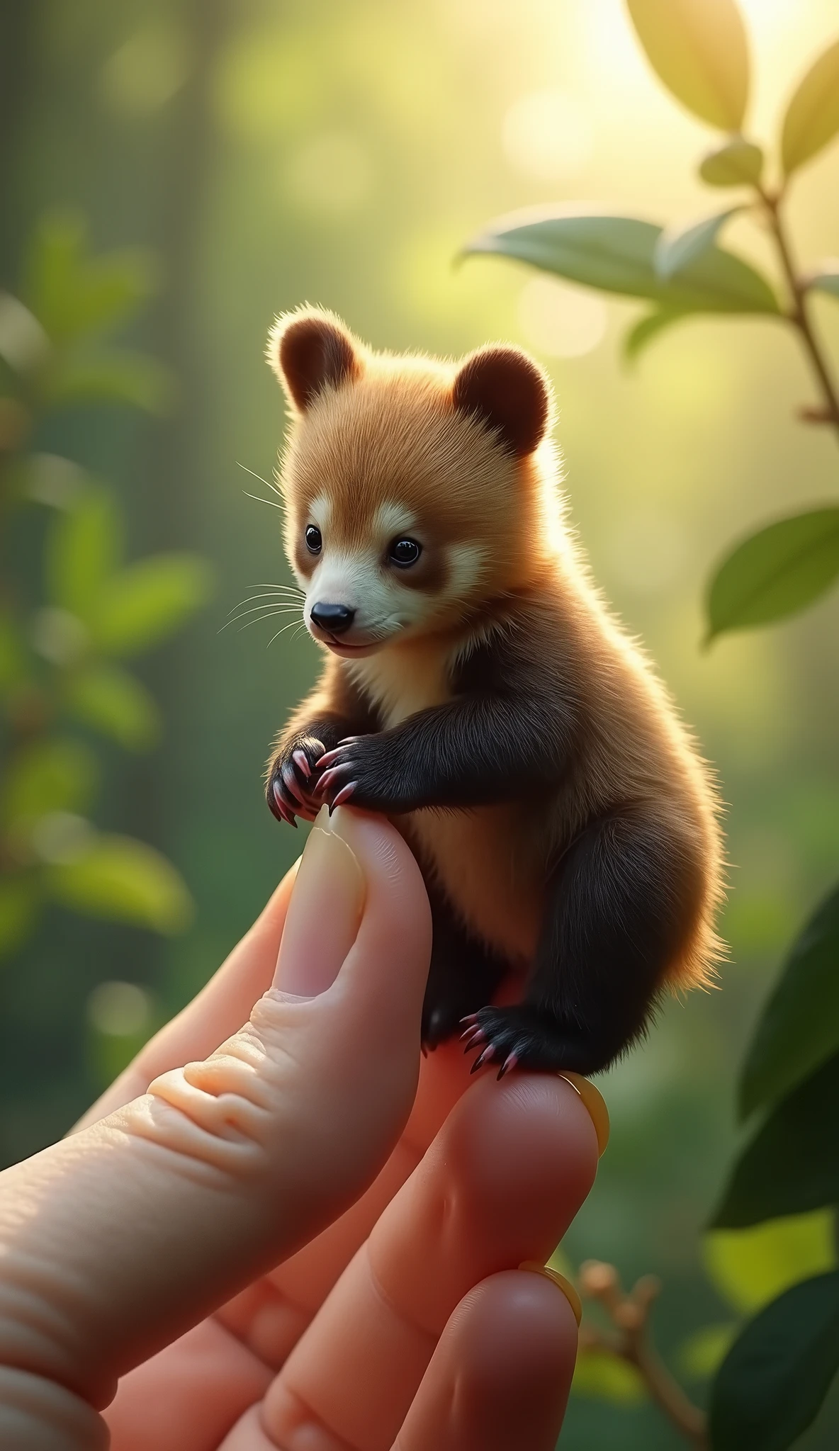videorealistic, 32k, Micro Tiny baby [bear alaska bravo] perched on a human finger