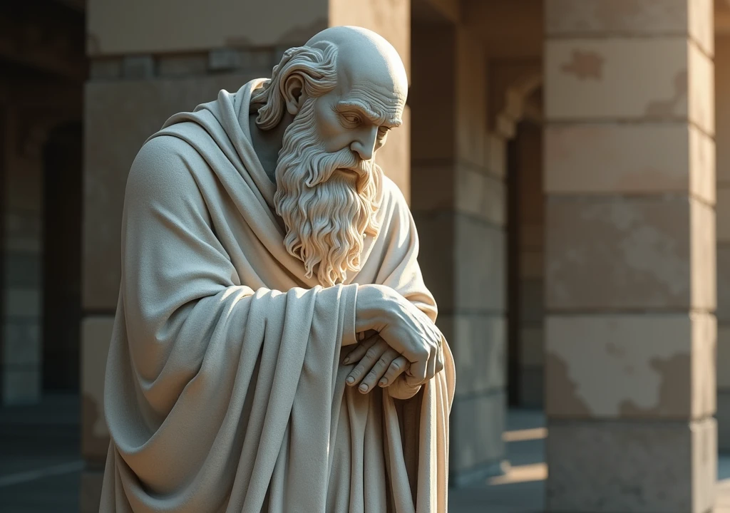 stoicism, motivation, stoic marble statue thinking, calm, sitting, robe, long beard, aged, full body, hyper-realistic, 8k, incredible, beautiful, frightening,