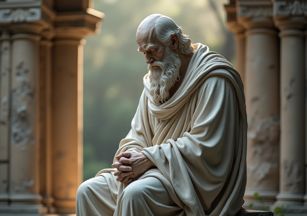 stoicism, motivation, stoic marble statue thinking, calm, sitting, robe, long beard, aged, full body, hyper-realistic, 8k, incredible, beautiful, frightening,