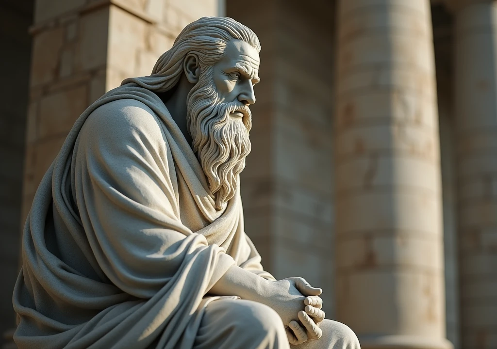stoicism, motivation, stoic marble statue thinking, calm, sitting, robe, long beard, aged, full body, hyper-realistic, 8k, incredible, beautiful, frightening,