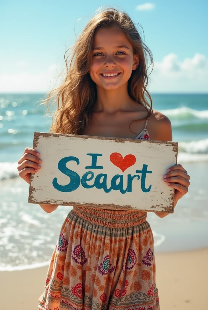 Beautiful girl with wavy long hair, bohemian dress, holding a white board with text "I Love Seaart Infinity" and showing it to the viewer