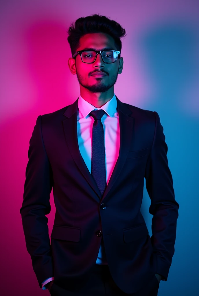 18 year old Indian boy wearing formals and glasses posing for linked in black light in background