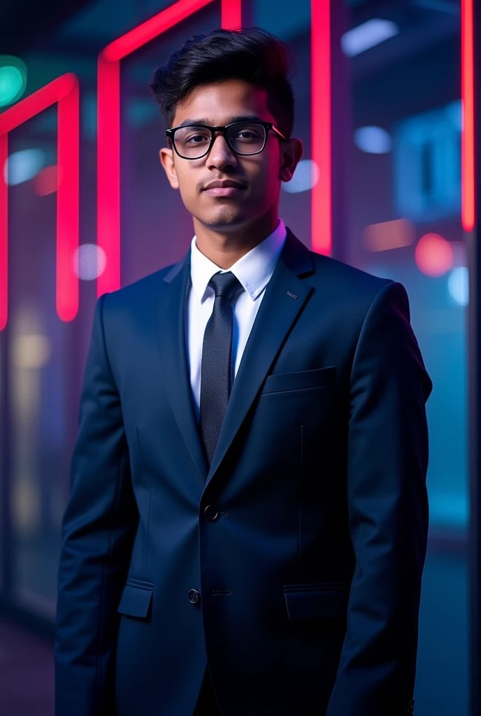 18 year old Indian boy wearing formals and glasses posing for linked in black light in background