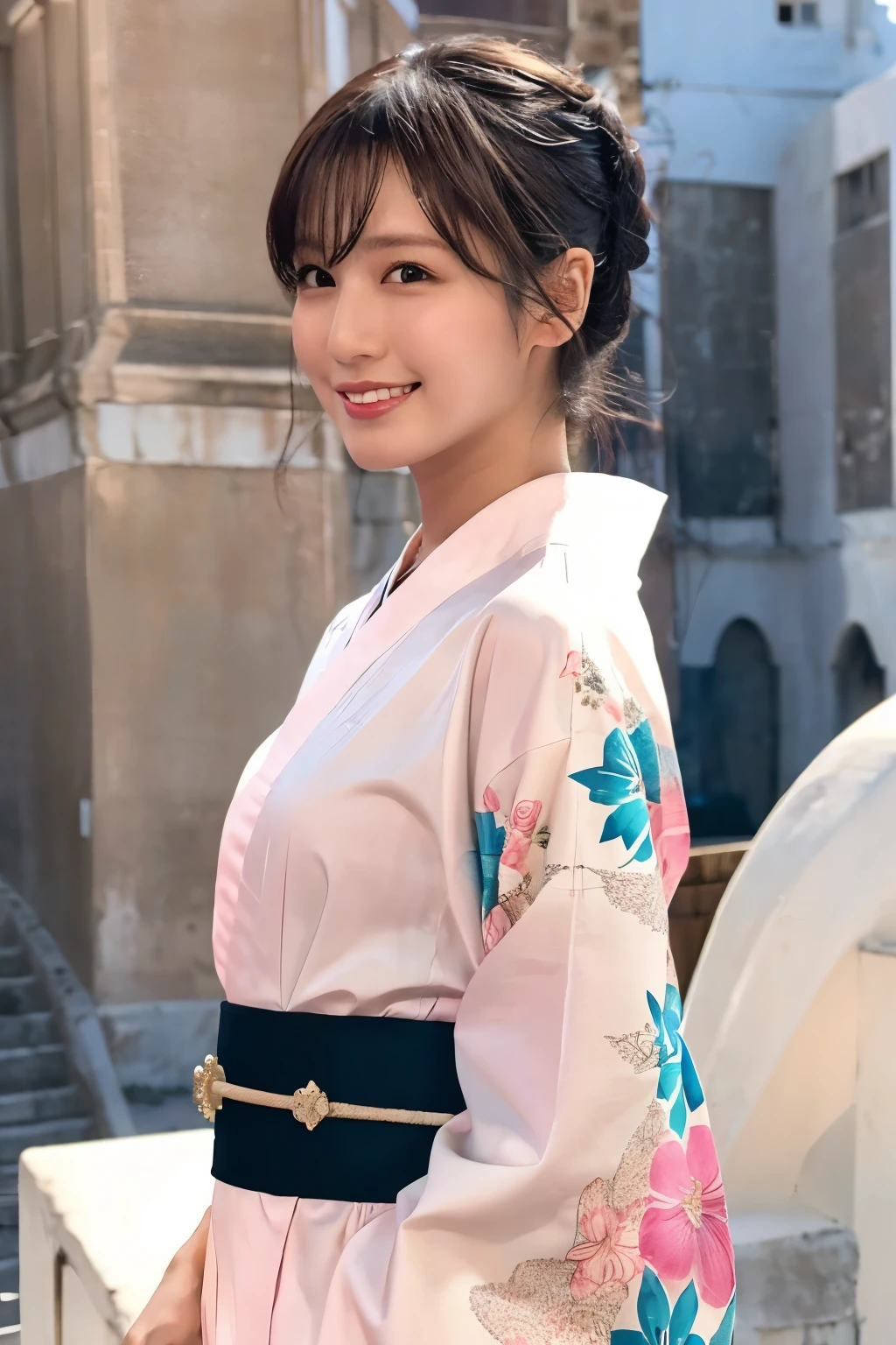 1 person, (Wearing a pink floral kimono.:1.2), Very beautiful Japanese idol portraits, 
(RAW Photos, Highest quality), (Realistic, Realistic:1.4), (masterpiece), 
Very delicate and beautiful, Very detailed, 2k wallpaper, wonderful, finely, Very detailed CG Unity 8k 壁紙, Very detailed, High resolution, Soft Light, 
Beautiful details, Very detailed目と顔, Beautiful and sophisticated nose, Beautiful and beautiful eyes, Cinema Lighting, 
(Commemorative photo on Santorini Island:1.3), (White Building), (blue sky), (Church bells), (Aegean Sea),
(Japanese hairstyle), (Tie your hair at the back:1.3), (bangs), (hairpin), 
Complete Anatomy, Slender body, Small breasts, smile