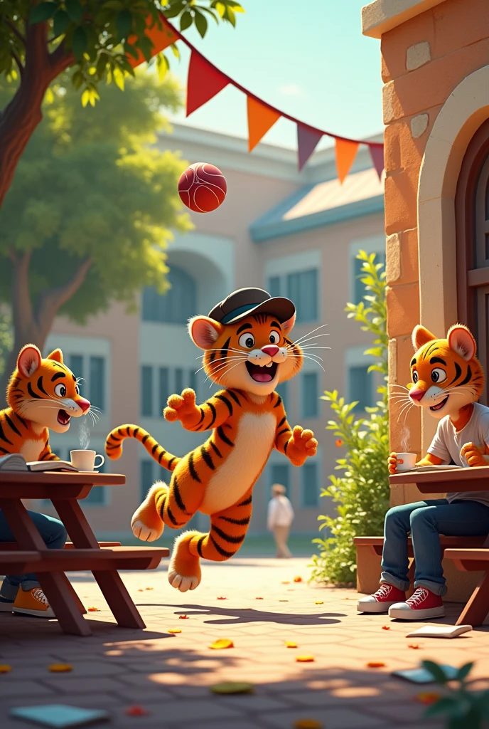 Create a college tiger playing pelota Solo while his other tiger friends are studying