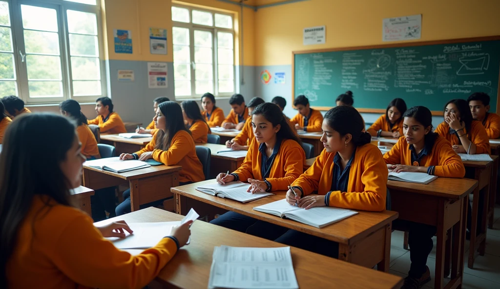 Hundreds of Indian student studying in a classroom preparing for job, sitting in study room