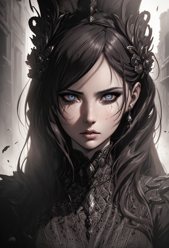 a woman warrior, beautiful detailed eyes, beautiful detailed lips, extremely detailed face, 1woman, cinematic portrait, dramatic intense lighting, dramatic moody dark gritty color, intricate details, chiaroscuro, epic powerful dramatic concept art, digital art, oil painting style, 8k high resolution, photorealistic, depth of field