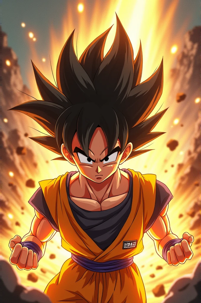 Generate an ultra-realistic image that looks like an authentic photo of Goku transforming into a Super Saiyan