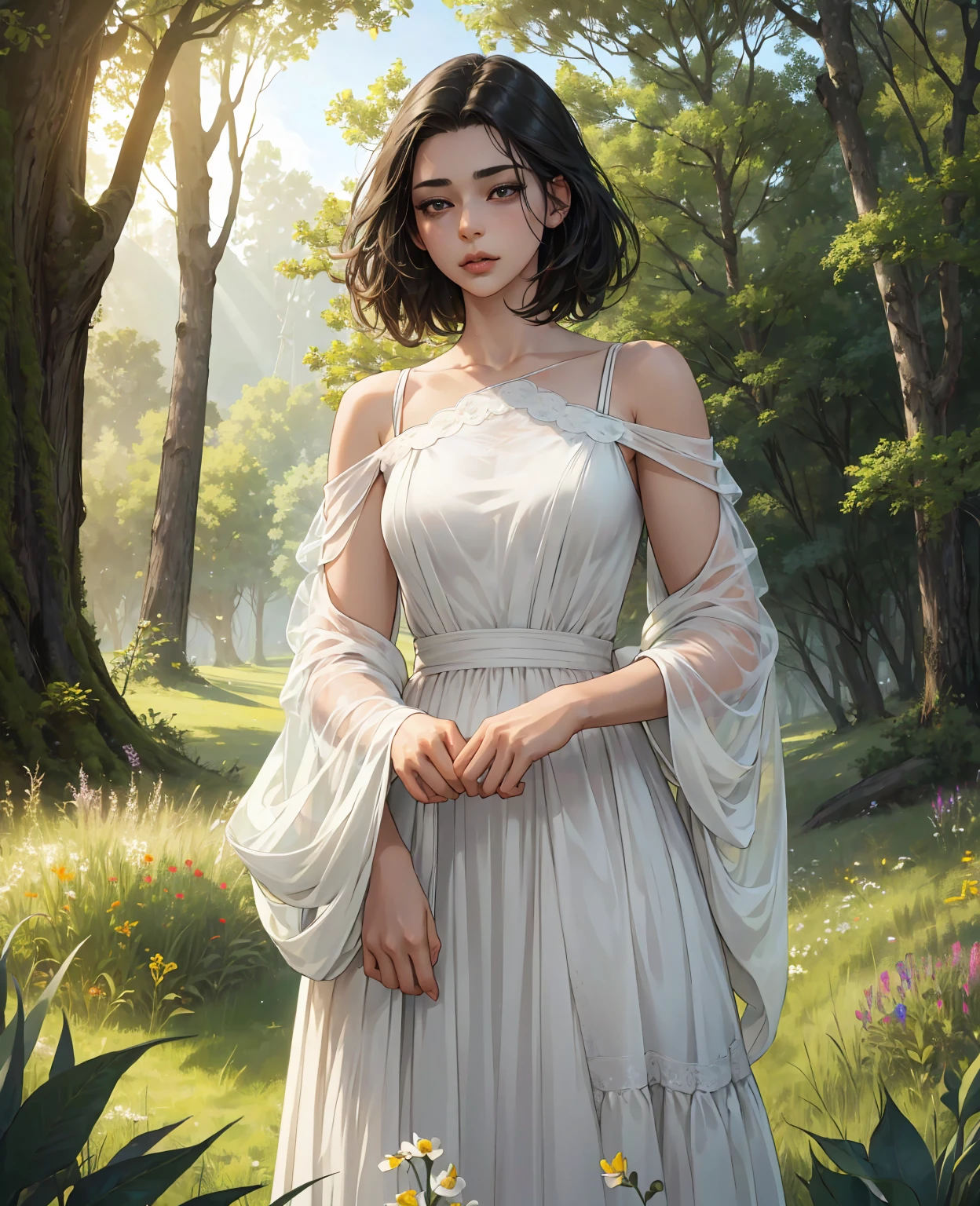 a  girl with short black hair, beautiful detailed eyes, beautiful detailed lips, extremely detailed face and features, delicate features,  body, serene expression, wearing a simple white dress, standing in a lush green meadow, with wildflowers in the foreground, sunlight filtering through the trees, (best quality,4k,8k,highres,masterpiece:1.2),ultra-detailed,(realistic,photorealistic,photo-realistic:1.37),soft natural lighting,vibrant colors,cinematic composition