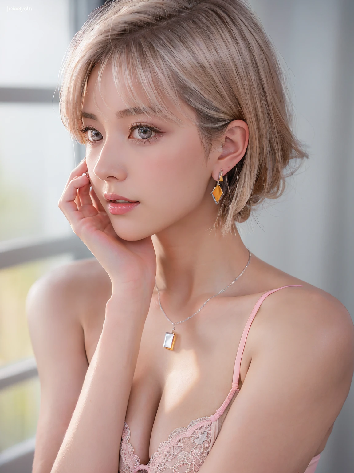 Pink lace thong and bra,(See-through 1.4、See-through 1.4)、Small breasts, (((とてもエレガントでbeautiful, Perfect detail, Very detailed))), whole body, The most detailed girl, Written boundary depth, 美しくdetailedなwhole body, Thin legs, 1 person, 30 years old, Very short hair, Spiked Hair, Gray and silver hair, beautiful detailed hair, Perfect Face, Expressionless, beautiful, detailed, Deep Eyes, Please open your mouth a little, Delicate arms and hands, Pale skin, Earrings, beautiful and gorgeous necklace, Colorful background, HD background, Blurred Background, とても繊細でbeautiful, masterpiece, (((Highest quality, とてもbeautiful8K CG壁紙))), (((Trendy hairstyles))), (Inside the room,Stylish interior,window),((Glowing skin and hair))、Beautiful and transparent photos、