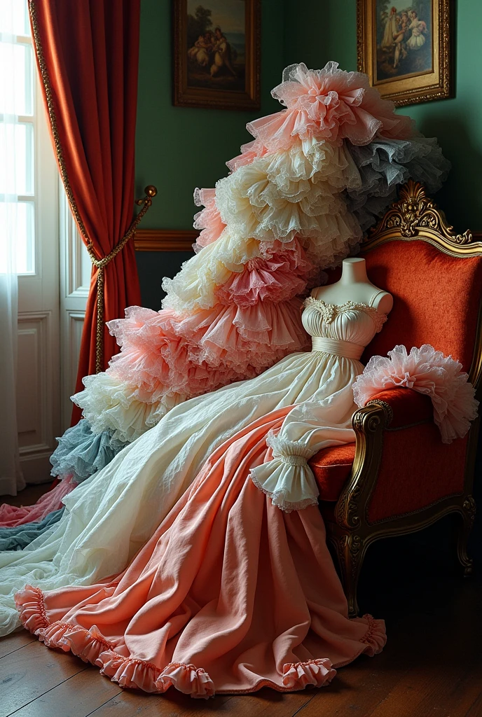 (photorealism:1.2), roccoco style half-couch, velvet fabric, lion foot style wooden frame of couch, right side of couch has multiple messily layered roccoco dresses, voluminous crinoline skirts puffy dresses multiple colours, da vinci style drapery, silk and linen/velvet dresses each of different fabrics, corsets, dresses messily thrown ontop of each other, spread randomly, 
