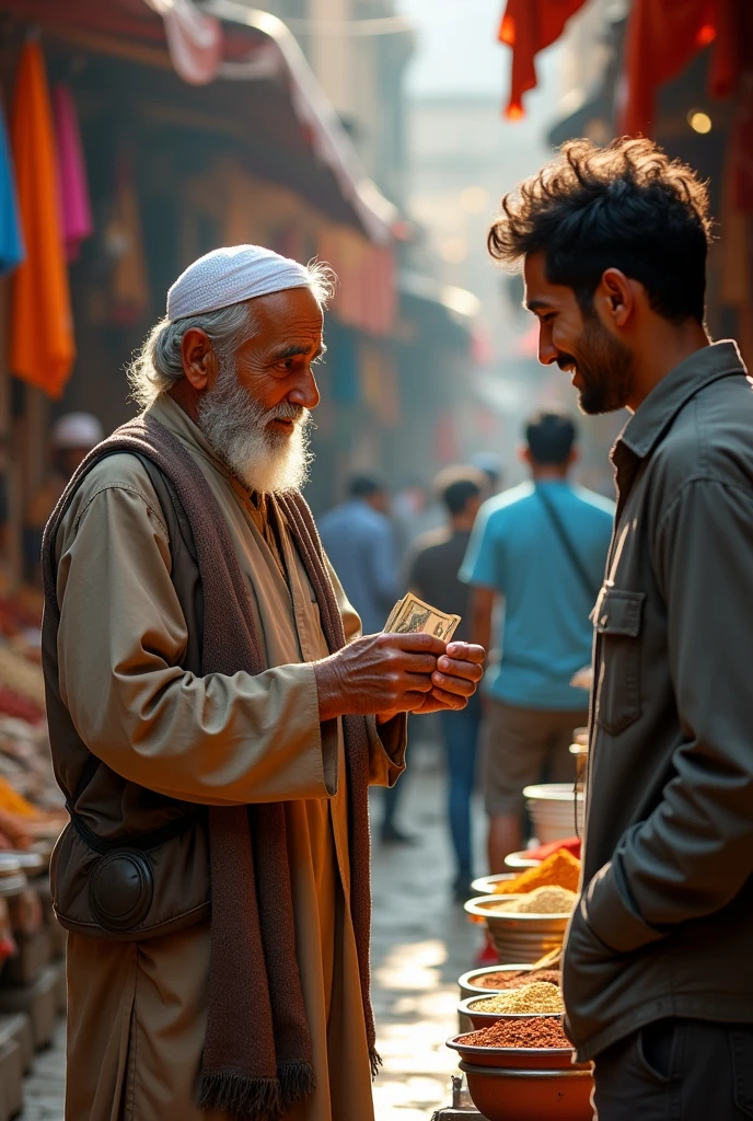 A realistic image of a modern. A poor islamic old man gives less money and the old man cries