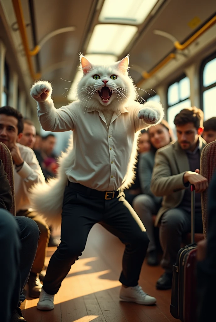 A tall white cat Dressed in white shirt and black pant. Punches a robber on face  in train 