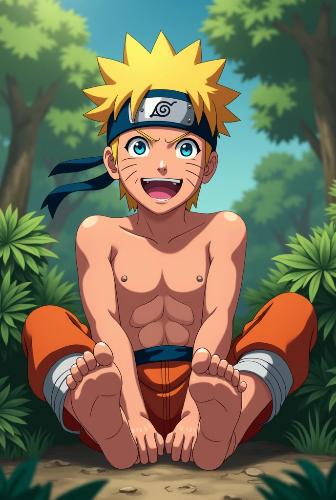 Image of Naruto Uzumaki showing his feet close to the camera, smiling sitting in nature shirtless showing six pack and barefoot showing his feet close to the camera Detail and light up the sole of his feet, 5 toes on each white foot with pink Realistic classic style animated image in HD of the soles of your feet