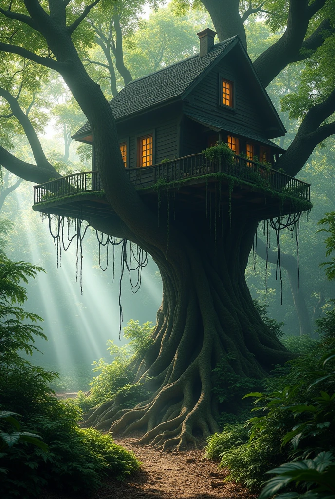 Magical forest with semi-invisible barrier, dark tree house