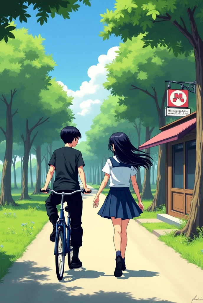 : black milktea shop in right
: quiet road filled with grass and trees
: a age girl walking with a navy blue bike, with medium wolf cut hair, and wearing a black baggy pants, black shirt black boots and navy blue bag, has a cool aura and next to her is a teengirl, with long black hair wearing school uniform and backpack, holding a matcha milktea. They're walking together
: the atmosphere is lively and windy
: make it manga art style