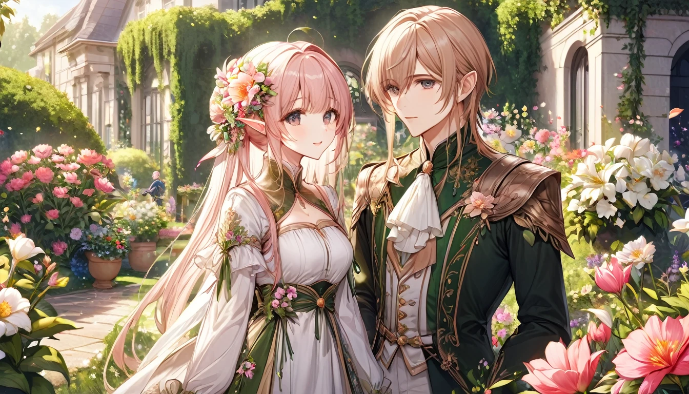 2person, 1girl and 1boy, elfs, middle aged couple, aristocratic looking, in the garden, many flowers, elf ears, man elf