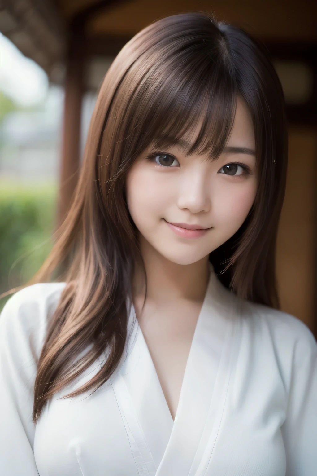 best quality, face focus, soft light, ultra high res, (photorealistic:1.4), RAW photo,(Shinozaki Ai), white skin, kawaii, 1 Japanese girl, solo, cute, (smile), (pupil, lights in the eyes), detailed beautiful face, Medium-sized breasts,(high resolution detail of human skin texture),(long hair),(portrait), upper body, white traditional kimono