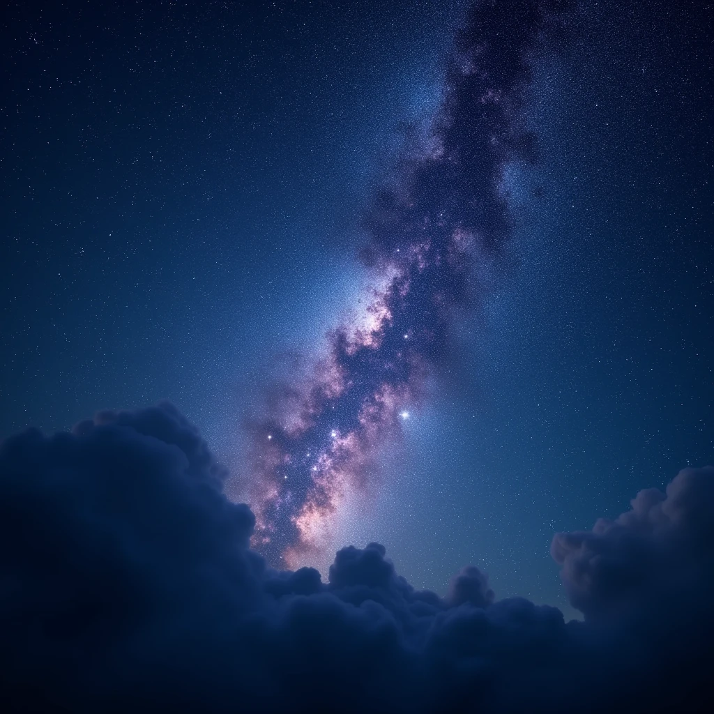 a breathtaking starry night sky, a stunning milky way galaxy, glowing nebulae, shimmering stardust, dramatic lighting, deep blue and purple tones, (best quality,4k,8k,highres,masterpiece:1.2),ultra-detailed,(realistic,photorealistic,photo-realistic:1.37),cinematic composition, dramatic chiaroscuro lighting, moody atmosphere, intricate star patterns, ethereal beauty, mystical ambience