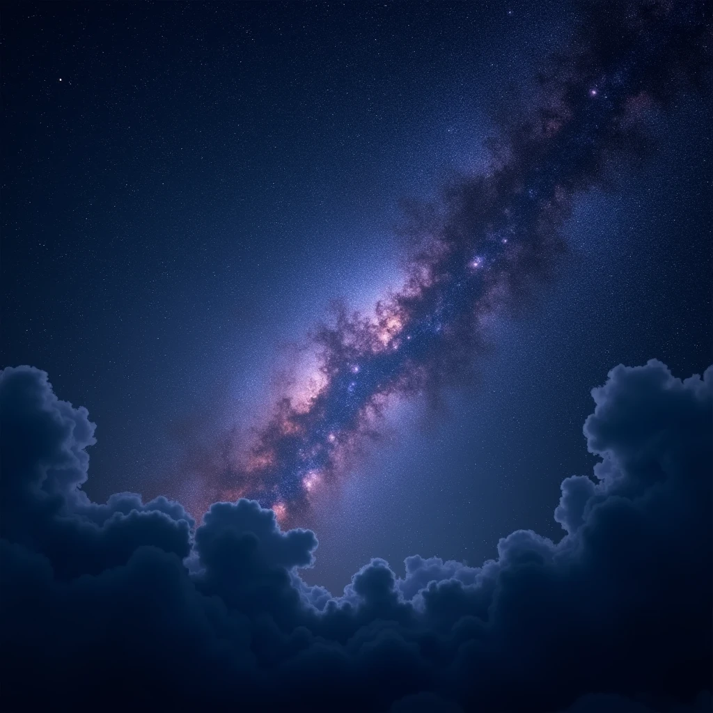 a breathtaking starry night sky, a stunning milky way galaxy, glowing nebulae, shimmering stardust, dramatic lighting, deep blue and purple tones, (best quality,4k,8k,highres,masterpiece:1.2),ultra-detailed,(realistic,photorealistic,photo-realistic:1.37),cinematic composition, dramatic chiaroscuro lighting, moody atmosphere, intricate star patterns, ethereal beauty, mystical ambience