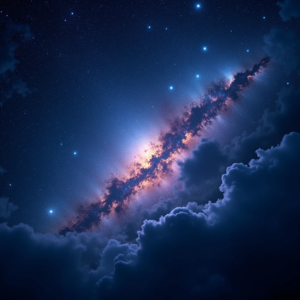 a breathtaking starry night sky, a stunning milky way galaxy, glowing nebulae, shimmering stardust, dramatic lighting, deep blue and purple tones, (best quality,4k,8k,highres,masterpiece:1.2),ultra-detailed,(realistic,photorealistic,photo-realistic:1.37),cinematic composition, dramatic chiaroscuro lighting, moody atmosphere, intricate star patterns, ethereal beauty, mystical ambience