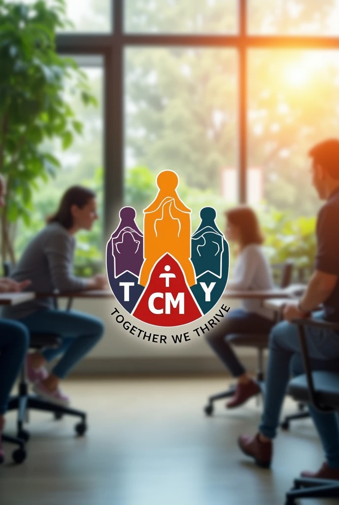 True black,Active Red,neutral grey. Must Include this colors as Main Color Code.
You may use White as well.
Create a employee engagement team building logo
Include (TCMY ) with tag line together we thrive
With colorful humanoid
Include blurred beautiful natural office background
