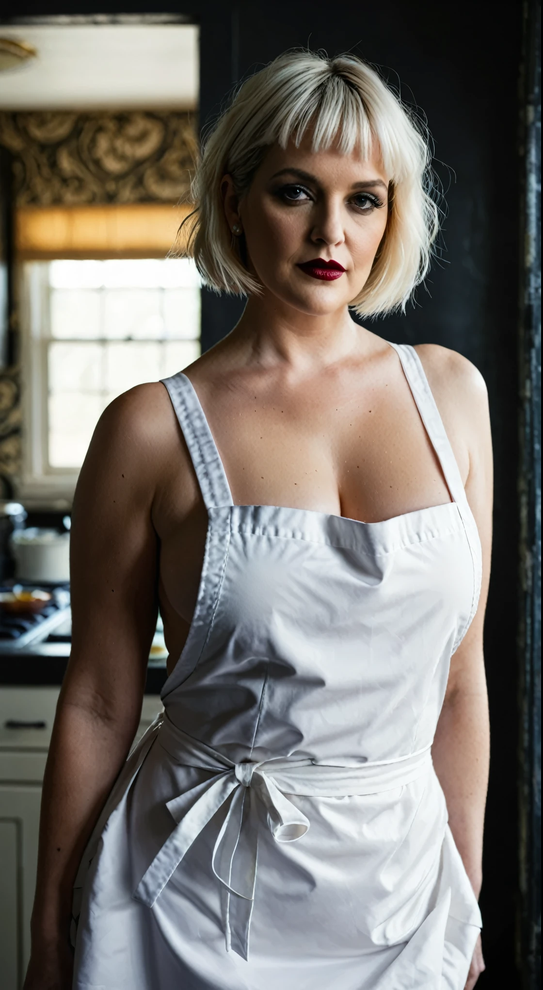 Wearing a naked apron, cooking apron, in the kitchen, mommy figure, naughty momma, cooking mommy, Looks like Drew Barrymore, bulky figure, full figured woman, extremely gorgeous, stunning beauty, sexiest milf, true milf, milf goddes, smokin' hot, mature lady, 70 years old Woman, curvy, fleshy, Plus size beauty, chubby, sweat, sexy outfit, thick figure, bulky figure, heavy figure, fleshy body, fleshy arms, pawg beauty, thick ass, sensual dress, sexy tank top, ((Master piece, very realistic, best quality, highly detailed, Frontal view, DELICATE, PORTRAIT, WOMAN 50yo, AESTHETIC)) shallow depth of field, realism, photography, good proportions, narrow depth of field, tilt shift look, bokeh, anamorphic look, cinematic, dark and moody, ((a pale white complexion MODE with short WHITE color hair and bangs and smokey eye makeup, BLACK lips)), sweating body, wet skin, wearing black fashion designed by Rick Owens, a dark photograph by Tim Walker and Tom Hoops and Matt Mahurin, a dark liminal space, a desolate seedy hotel room with peeling wallpaper and black painted walls, symbolism, primordial fluids, uneasy feeling, dark occult imagery, melancholic ((very aesthetic)), busy in cooking, wearing a short naked apron only,