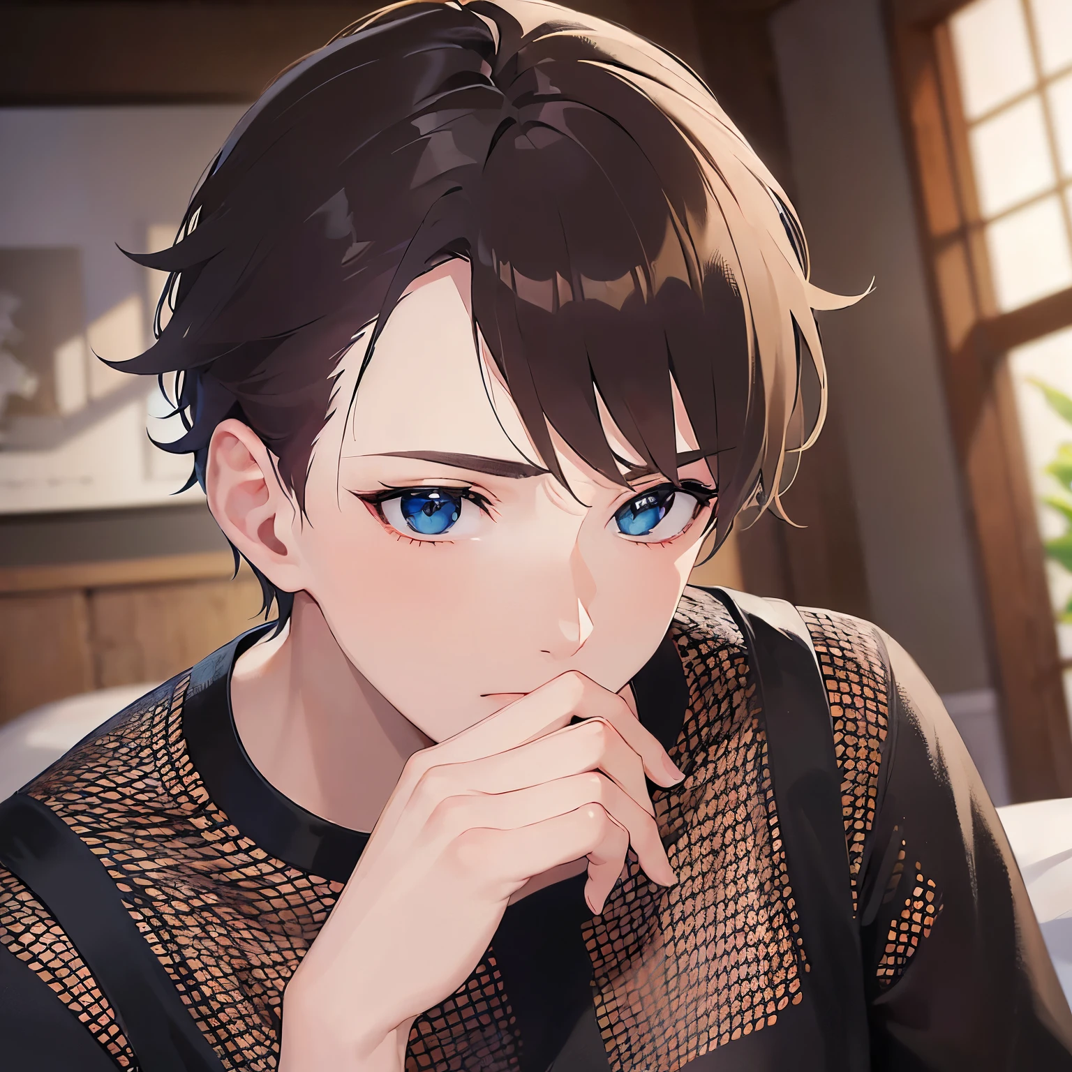 (25-year-old male:1.5) and (Brown short hair) and (Green Eyes), (looking away:1.5),upper body,(covering mouth with hand:1.5),
shiny skin, masterpiece、Highest quality、
(black T-shirts:1.5)
confused,The background is the living room at night、(alone:1.5)
