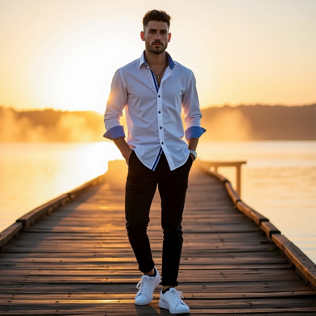 A white man, at 33 years old, model type, with short dark hair, with blue eyes, wearing a white and blue shirt buttoned up, black pants, tennis, on top of a wooden pier in Alentejo at sunrise