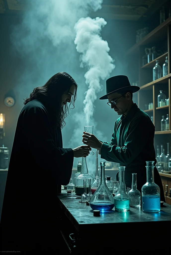 Dr Snape and breaking bad Heisenberg are in the chemical laboratory,black and white image,closed image