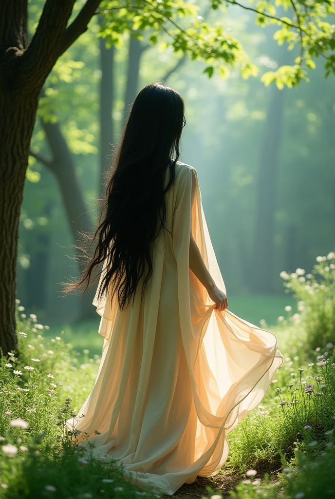 A faceless beautiful white girl with long black hair. Pretty (place:forest)
Wearing a covered cloth pastel colors