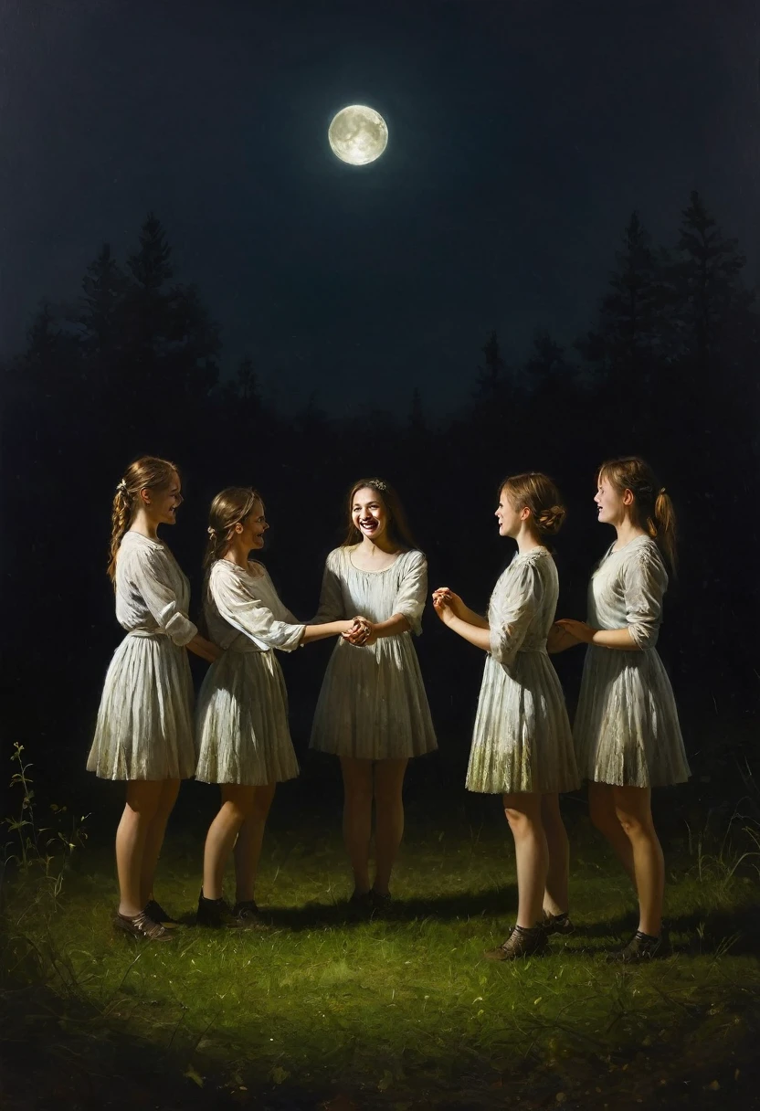 painting of a 5 girls standing in a circle, holding hands, cheerfully dance in a circle, a mystical clearing in the forest illuminated by moonlight, grass underfoot, dark atmosphere, cinematic scene, volumetric lights, ultra realistic, in the style of nicola samori