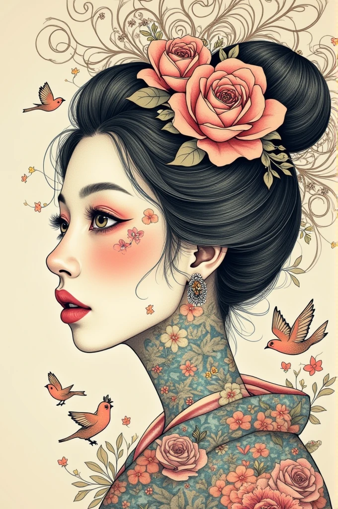 ((best quality)), ((masterpiece)), (detailed), ((perfect japanese face)), surreal, art nouveau, sparrows, fantasy, sci-fi, line drawing, japanese, traditional, vintage, elegant, chic, sophisticated, tattooed face, ((pastel color palette)),