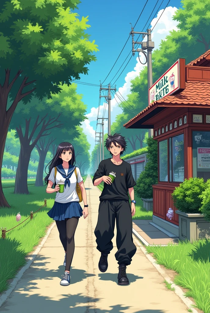 : black milktea shop in right
: quiet road filled with grass and trees
: a age girl walking with a navy blue bike, with medium wolf cut hair, and wearing a black baggy pants, black shirt black boots and navy blue bag, has a cool aura and next to her is a teengirl, with long black hair wearing school uniform and backpack, holding a matcha milktea. They're walking together
: the atmosphere is lively and windy
: make it manga art style