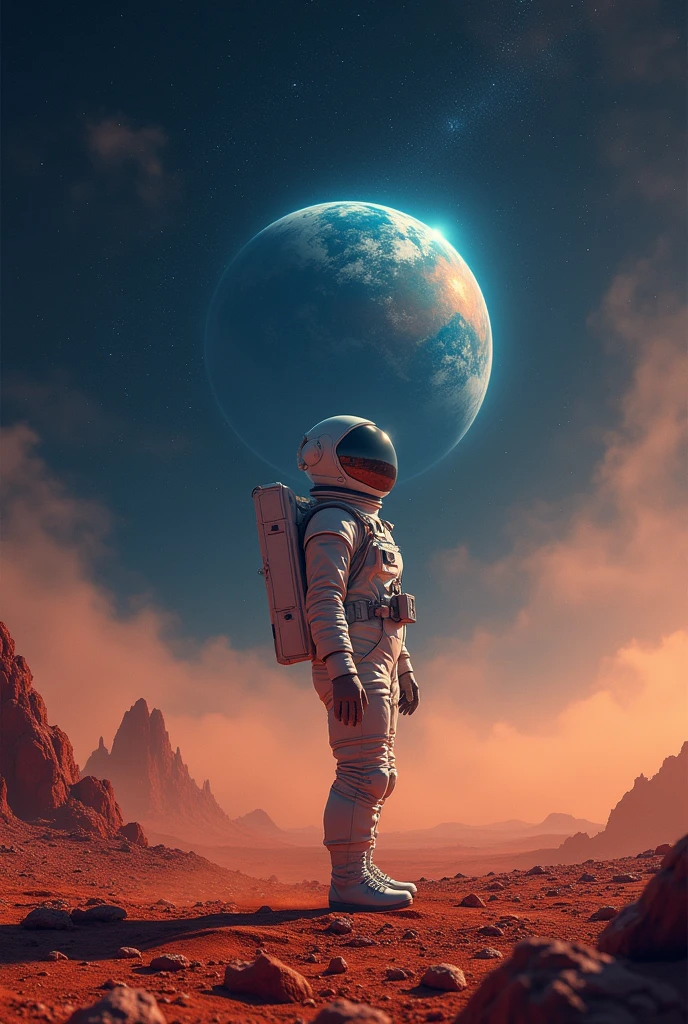 On the red Mars,looking at the stars in the sky,one of them shines **** a blue pearl,which is our earth,