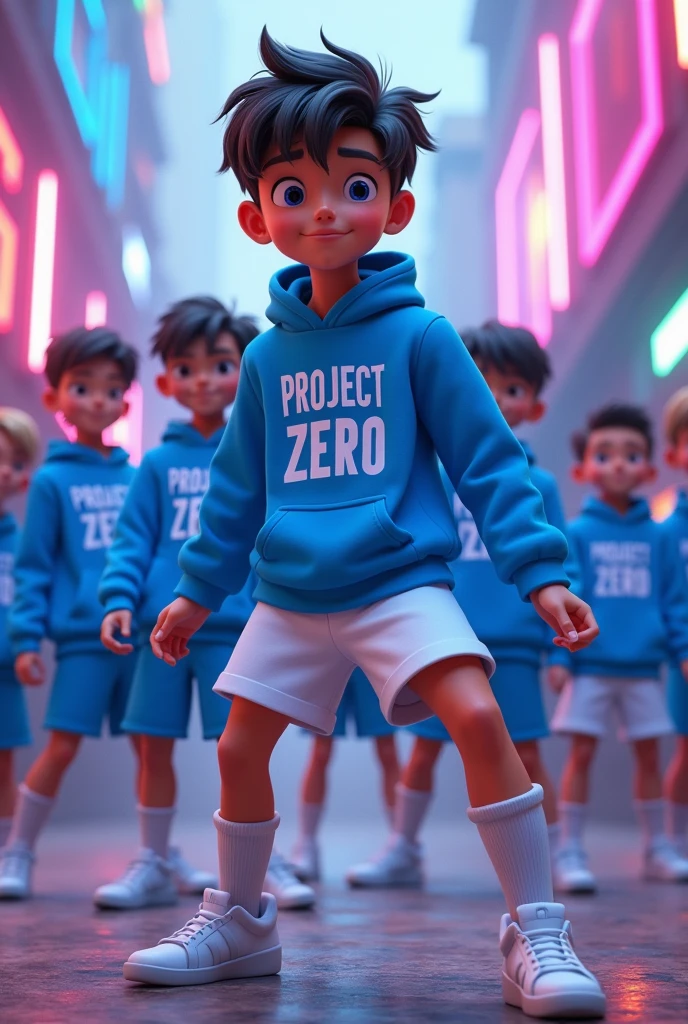 3D animated group of men team 11 boys wearing costume color blue with printed name "PROJECT ZERO"
HIPHOP DANCER WEARING WHITE SHORT AND WHITE KNEE SOCKS posed