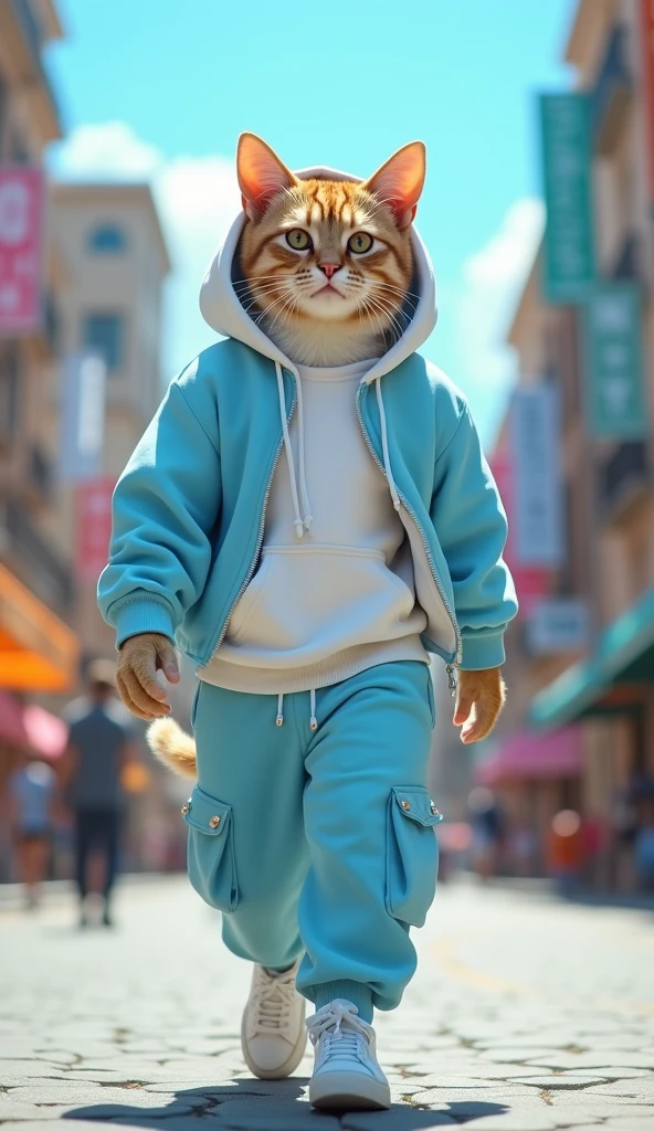 The image features a stylish anthropomorphic cat standing confidently on a modern urban street. The cat is dressed in a trendy light blue and white hoodie with a zipper, which is partially unzipped to show the white undershirt underneath. The hoodie has a large hood that is pulled over the cat's head, with its pointed ears poking out from the top. The cat's expression is serious and focused, giving it a cool, urban vibe. The outfit is completed with matching light blue jogger pants featuring cargo pockets and white drawstrings, along with white sneakers that add to the fashionable streetwear look. The background shows a cityscape with contemporary buildings and a clear blue sky, which highlights the casual yet modern setting. The overall aesthetic of the image blends cuteness with urban fashion, making the cat appear both adorable and cool.