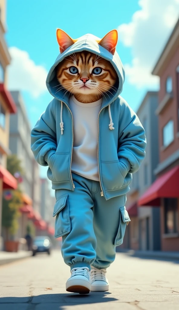 The image features a stylish anthropomorphic cat standing confidently on a modern urban street. The cat is dressed in a trendy light blue and white hoodie with a zipper, which is partially unzipped to show the white undershirt underneath. The hoodie has a large hood that is pulled over the cat's head, with its pointed ears poking out from the top. The cat's expression is serious and focused, giving it a cool, urban vibe. The outfit is completed with matching light blue jogger pants featuring cargo pockets and white drawstrings, along with white sneakers that add to the fashionable streetwear look. The background shows a cityscape with contemporary buildings and a clear blue sky, which highlights the casual yet modern setting. The overall aesthetic of the image blends cuteness with urban fashion, making the cat appear both adorable and cool.