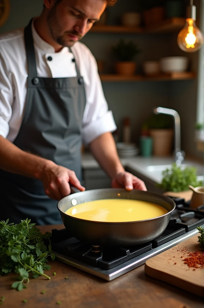 Chef melting butter in a thick-bottomed sauce pan 
