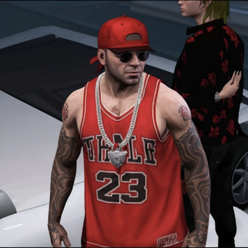 Grand Theft Auto style portrait, near luxury car