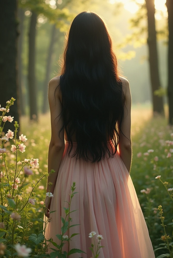 A faceless beautiful white girl with long black hair. Pretty (place:forest)
Wearing a covered cloth pastel colors