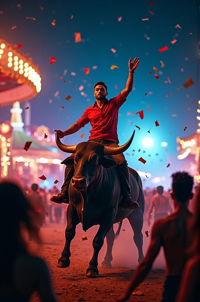 a man wearing a red shirt is riding a bull, in the middle of the night, lots of party lights, there are many people running in fear