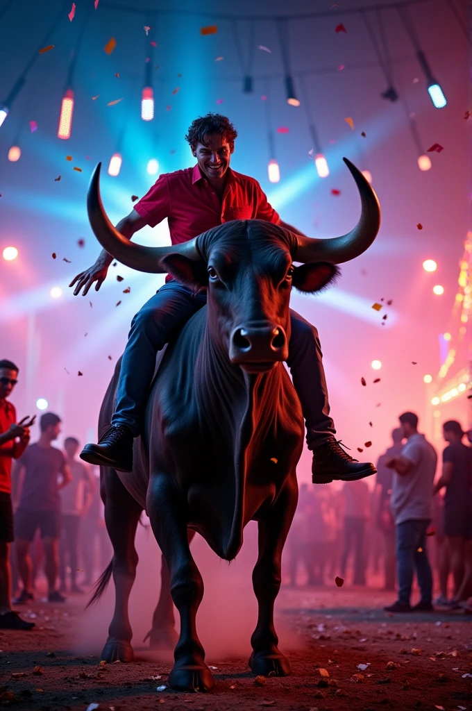 a man wearing a red shirt is riding a bull, in the middle of the night, lots of party lights, there are many people running in fear