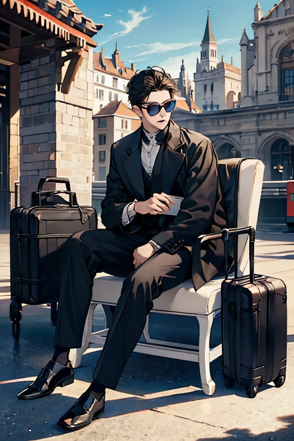 Sitting on a chair with his legs spread wide, leaning forward、Young man in black、Holding a timetable and sunglasses in his hand、Looking to the right、
Travel bag at his feet、Station platform、European cityscape、