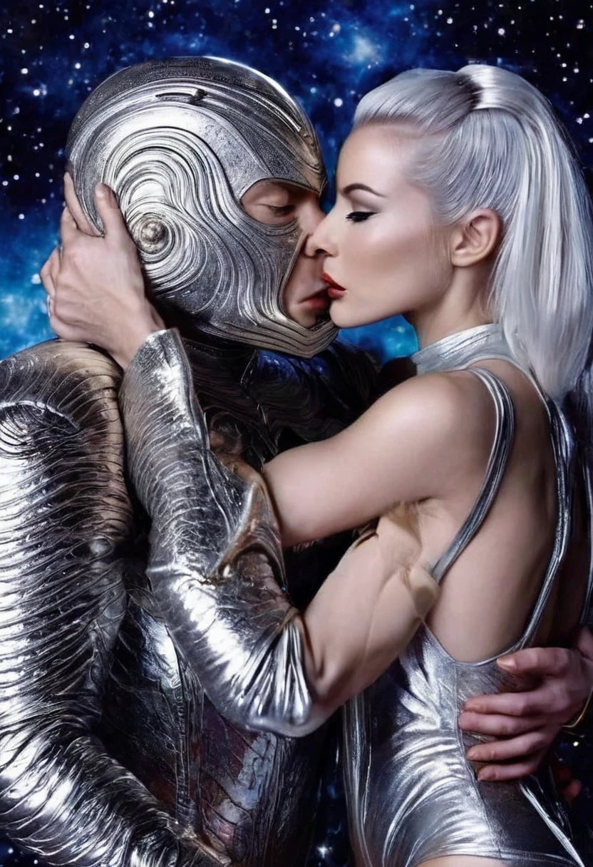 Star Trek, Captain Kirk (William Shatner, age 30) is kissing and hugging an alien woman (cute, silver make up, silver hair, silver gladiator swimsuit, fit), alien world, amazing starry sky, view is from dowl low angled up