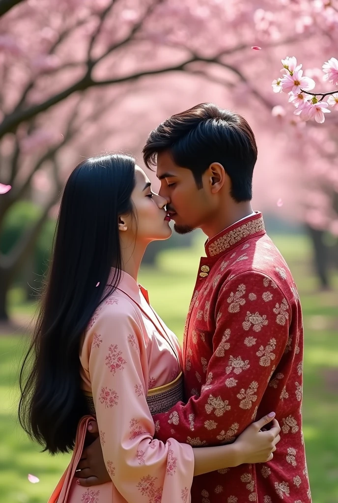 A japan girl kissing an indian boy