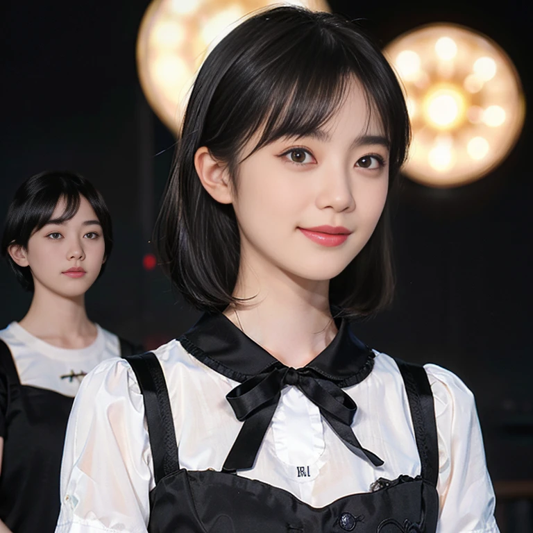 ((1 Female)), (((Black short hair))), (Masseter muscle area:1,3)、Highest quality、masterpiece、High resolution、original、Highly detailed wallpaper、gender、Big ribbon, (smile)、Small Face、((chest))、(Gorilla T-shirt)、(Light on the face)、Live-action style, Beautiful Faces, Dark Room,