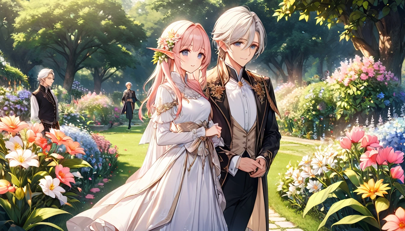 2person, 1girl and 1boy, elfs, middle aged couple, aristocratic looking, in the garden, many flowers, elf ears, man elf and women elf