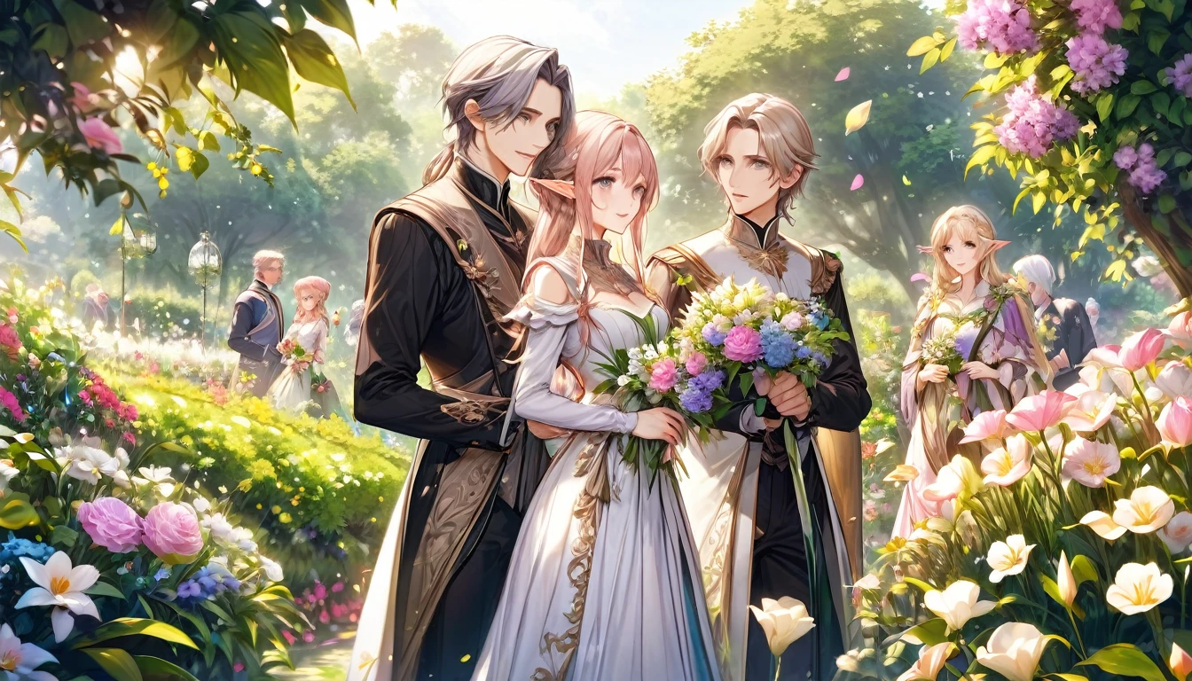2person, 1girl and 1boy, elfs, middle aged couple, aristocratic looking, in the garden, many flowers, elf ears, man elf and women elf