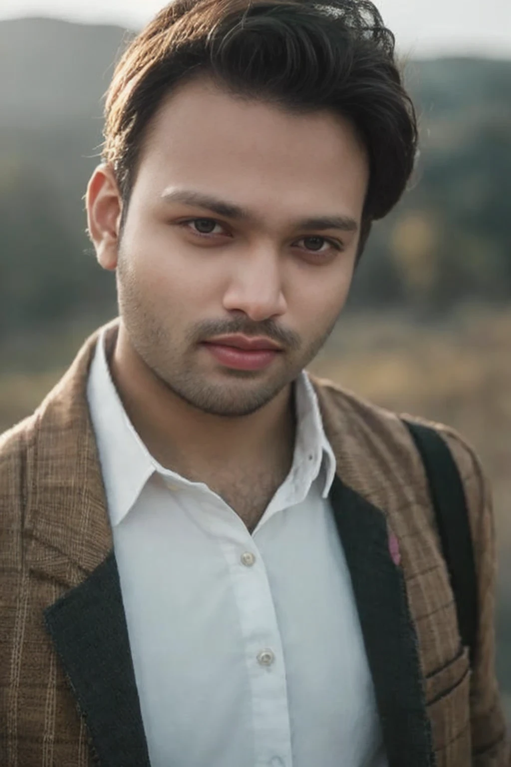 A beautiful young bearded man with highly detailed skin.black hair.happy emotion